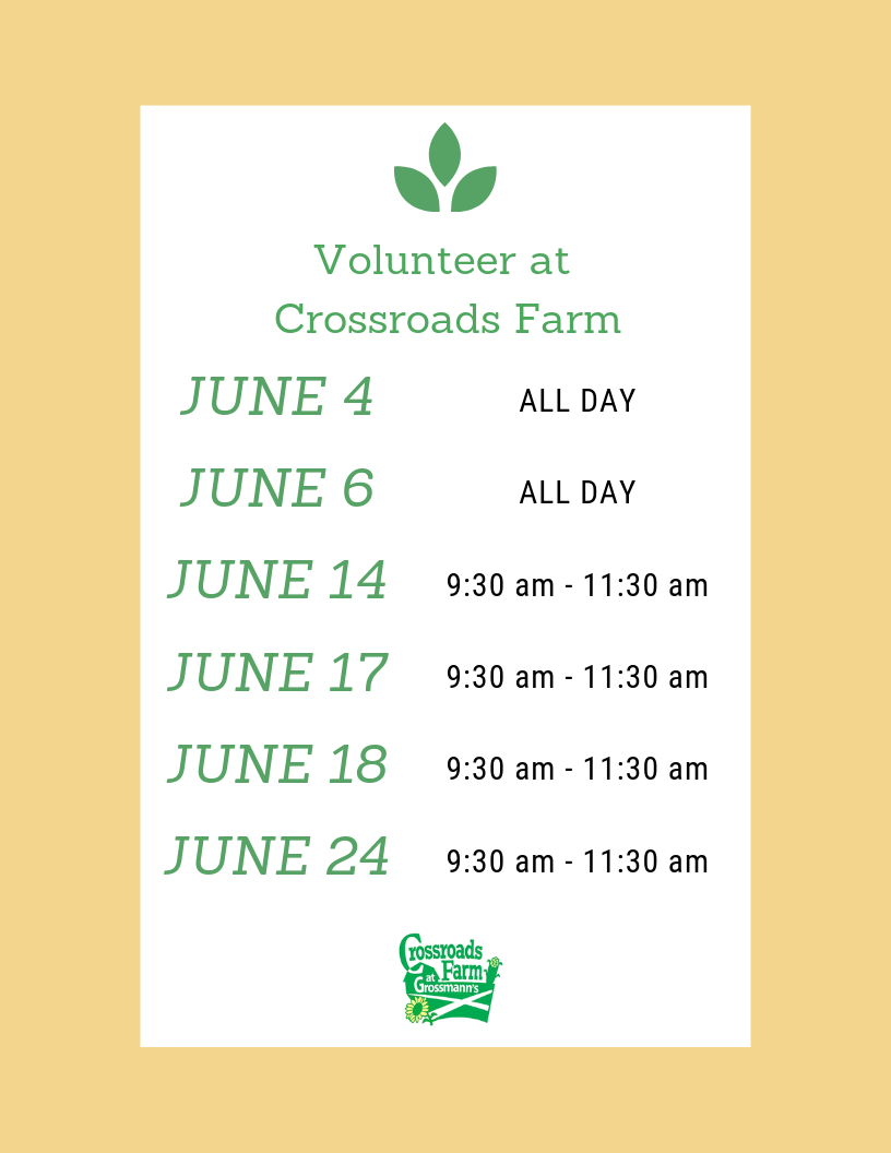 Volunteer Dates for April at Crossroads Farm. Call us for more information!